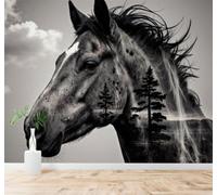 XLMING Blanco Y Negro Caballos Nubes Bosque Paisaje 3D Papel Pintado Tapiz Textura de Seda Oficina Comedor Sofá Dormitorio Sala Estar TV Fondo Pantalla-350cm×256cm
