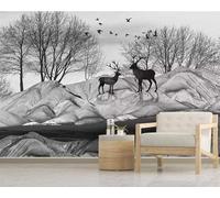 XLMING Blanco Y Negro Colinas Alces Árboles Pájaros En Vuelo 3D Papel Pintado Pared Premium Textura Seda Estudio Comedor Vinilos Dormitorio Sofás TV Cocina-250cm×170cm
