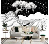 XLMING Blanco Y Negro Colinas Árboles Río Que Fluye Cielo Estrellado 3D Papel Pintado Pared Premium Textura Seda Estudio Comedor Vinilos Dormitorio Sofás TV Cocina-150cm×105cm