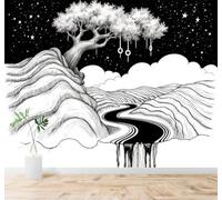 XLMING Blanco Y Negro Colinas Árboles Río Que Fluye Cielo Estrellado 3D Papel Pintado Tapiz Textura de Seda Oficina Comedor Sofá Dormitorio Sala Estar TV Fondo Pantalla-200cm×140cm