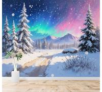 XLMING Bosque Invernal Cedros Montañas Aurora Boreal Multicolor Cielo 3D Papel Pintado Tapiz Textura de Seda Oficina Comedor Sofá Dormitorio Sala Estar TV Fondo Pantalla-350cm×256cm