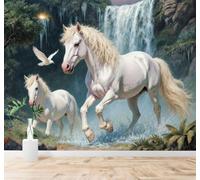 XLMING Caballo Blanco Cascada Bosque Aves Paisaje Natural 3D Papel Pintado Tapiz Textura de Seda Oficina Comedor Sofá Dormitorio Sala Estar TV Fondo Pantalla-250cm×170cm