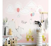XLMING Cálido Caricaturesco Elefante Conejo Blanco Nube Blanca Globo 3D Papel Pintado Pared Premium Textura Seda Estudio Comedor Vinilos Dormitorio Sofás TV Cocina-350cm×256cm