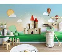 XLMING Cartoon Castillo Globo Aerostático Nubes Blancas Árboles 3D Papel Pintado Pared Premium Textura Seda Estudio Comedor Vinilos Dormitorio Sofás TV Cocina-250cm×170cm