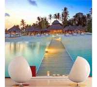 XLMING Casa Cocoteros Mar Puente De Madera Paisaje 3D Papel Pintado Tapiz Textura de Seda Oficina Comedor Sofá Dormitorio Sala Estar TV Fondo Pantalla-350cm×256cm