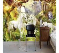 XLMING Castillo De Cuento De Hadas En El Bosque Caballo Blanco Y Pájaros Voladores 3D Papel Pintado Tapiz Textura de Seda Oficina Comedor Sofá Dormitorio Sala Estar TV Fondo Pantalla-430cm×300cm