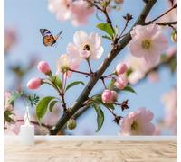 XLMING Cerezos En Flor Rosas Ramas Cielo Azul Mariposas Abejas 3D Papel Pintado Tapiz Textura de Seda Oficina Comedor Sofá Dormitorio Sala Estar TV Fondo Pantalla-250cm×170cm