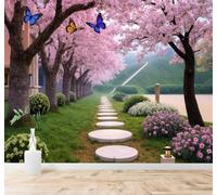 XLMING Cerezos En Flor Sendero Mariposas Primavera Jardín 3D Papel Pintado Tapiz Textura de Seda Oficina Comedor Sofá Dormitorio Sala Estar TV Fondo Pantalla-150cm×105cm