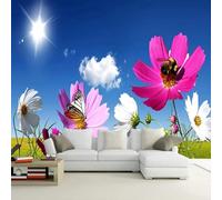 XLMING Cielo Azul Nubes Blancas Sol Pradera Flores 3D Papel Pintado Pared Premium Textura Seda Estudio Comedor Vinilos Dormitorio Sofás TV Cocina-350cm×256cm