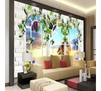 XLMING Cielo Azul Pared De Ladrillos Lavanda Acuarela Globo Aerostático Árbol Grande 3D Papel Pintado Pared Premium Textura Seda Estudio Comedor Vinilos Dormitorio Sofás TV Cocina-350cm×256cm