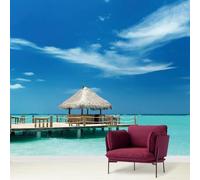 XLMING Cielo Mar Playa Puente De Madera Cabaña 3D Papel Pintado Pared Premium Textura Seda Estudio Comedor Vinilos Dormitorio Sofás TV Cocina-350cm×256cm