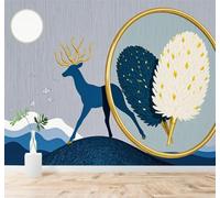 XLMING Ciervo Azul Cuernos Dorados Plumas Luz De La Luna Paisaje 3D Papel Pintado Tapiz Textura de Seda Oficina Comedor Sofá Dormitorio Sala Estar TV Fondo Pantalla-400cm×280cm