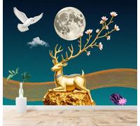 XLMING Ciervo Dorado Luna Flores Cielo Nocturno Paloma Blanca 3D Papel Pintado Tapiz Textura de Seda Oficina Comedor Sofá Dormitorio Sala Estar TV Fondo Pantalla-200cm×140cm