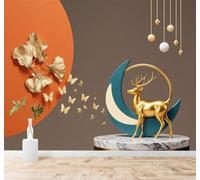 XLMING Ciervo Dorado Luna Mariposas Hojas De Ginkgo Arte 3D Papel Pintado Tapiz Textura de Seda Oficina Comedor Sofá Dormitorio Sala Estar TV Fondo Pantalla-430cm×300cm