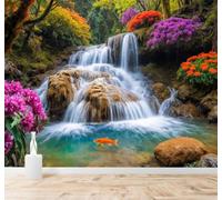 XLMING Colorido Cascada Flores Bosque Arroyo Peces De Colores 3D Papel Pintado Tapiz Textura de Seda Oficina Comedor Sofá Dormitorio Sala Estar TV Fondo Pantalla-400cm×280cm