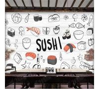 XLMING Comida Sushi Fideos Pescado Blanco Vetas De Madera 3D Papel Pintado Tapiz Textura de Seda Oficina Comedor Sofá Dormitorio Sala Estar TV Fondo Pantalla-200cm×140cm