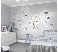 XLMING Creativo Dibujado A Mano Mapa Del Mundo Dibujos Animados Animales Papel Pintado 3D Seda De Lujo Pared Estudio Comedor Sofa Dormitorio Madera Salon Tv Decorativo-350cm×256cm