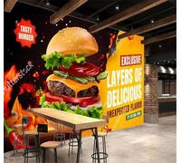 XLMING Creativo Rojo Llama Comida Hamburguesa 3D Papel Pintado Lujo Casa Sala Decoración Estar Comedor Sofá Dormitorio TV Fondo de Pared-300cm×210cm