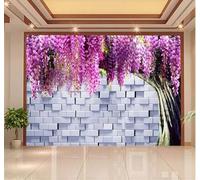 XLMING Cubo Ladrillos Blancos Árbol Enredadera Color Morado Flores 3D Papel Pintado Tapiz Textura de Seda Oficina Comedor Sofá Dormitorio Sala Estar TV Fondo Pantalla-250cm×170cm