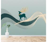 XLMING Cuernos Dorados Ciervo Azul Ondas Abstractas Minimalismo Arte 3D Papel Pintado Tapiz Textura de Seda Oficina Comedor Sofá Dormitorio Sala Estar TV Fondo Pantalla-250cm×170cm