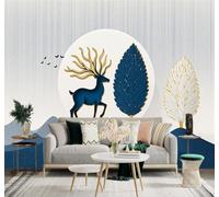 XLMING Cuernos Dorados Ciervo Azul Paisaje Montañoso Luna Árboles Abstractos 3D Papel Pintado Tapiz Textura de Seda Oficina Comedor Sofá Dormitorio Sala Estar TV Fondo Pantalla-350cm×256cm