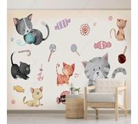 XLMING Dibujado A Mano Acuarela Caramelos Dibujos Animados Adorable Gato 3D Papel Pintado Tapiz Textura de Seda Oficina Comedor Sofá Dormitorio Sala Estar TV Fondo Pantalla-150cm×105cm