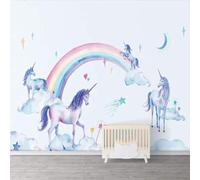 XLMING Dibujado A Mano Acuarela Caricatura Nubes Blancas Arcoíris Unicornio 3D Papel Pintado Tapiz Textura de Seda Oficina Comedor Sofá Dormitorio Sala Estar TV Fondo Pantalla-350cm×256cm