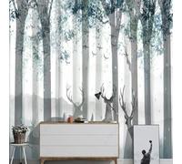 XLMING Dibujado A Mano Acuarela Colinas Bosques Pájaros Ciervos 3D Papel Pintado Pared Premium Textura Seda Estudio Comedor Vinilos Dormitorio Sofás TV Cocina-250cm×170cm