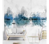 XLMING Dibujado A Mano Acuarela Graffiti Paisaje Pájaros Volando Barquito 3D Papel Pintado Tapiz Textura de Seda Oficina Comedor Sofá Dormitorio Sala Estar TV Fondo Pantalla-300cm×210cm