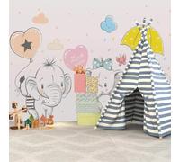 XLMING Dibujado A Mano Caricatura Elefante Paraguas Estrellas Nubes Blancas 3D Papel Pintado Tapiz Textura de Seda Oficina Comedor Sofá Dormitorio Sala Estar TV Fondo Pantalla-430cm×300cm