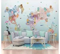 XLMING Dibujado A Mano Caricatura Mapa Del Mundo Animales Barco Pequeño 3D Papel Pintado Pared Premium Textura Seda Estudio Comedor Vinilos Dormitorio Sofás TV Cocina-300cm×210cm