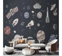 XLMING Dibujado A Mano Caricatura Universo Cielo Estrellado Planetas Nave Espacial 3D Papel Pintado Pared Premium Textura Seda Estudio Comedor Vinilos Dormitorio Sofás TV Cocina-250cm×170cm