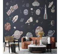 XLMING Dibujado A Mano Caricatura Universo Cielo Estrellado Planetas Nave Espacial 3D Papel Pintado Tapiz Textura de Seda Oficina Comedor Sofá Dormitorio Sala Estar TV Fondo Pantalla-350cm×256cm