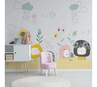 XLMING Dibujado A Mano Caricaturesco Colorido Animales Nubes Pájaros Florecillas 3D Papel Pintado Tapiz Textura de Seda Oficina Comedor Sofá Dormitorio Sala Estar TV Fondo Pantalla-350cm×256cm