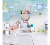 XLMING Dibujado A Mano Cartoon Conejo Globo Aerostático Luna Nubes Blancas 3D Papel Pintado Pared Premium Textura Seda Estudio Comedor Vinilos Dormitorio Sofás TV Cocina-430cm×300cm
