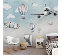 XLMING Dibujado A Mano Dibujos Animados Aviones Globos Aerostáticos Nubes Blancas 3D Papel Pintado Lujo Casa Sala Decoración Estar Comedor Sofá Dormitorio TV Fondo de Pared-200cm×140cm