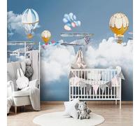 XLMING Dibujado A Mano Dibujos Animados Colores Globos Aerostáticos Aviones Nubes Blancas 3D Papel Pintado Pared Premium Textura Seda Estudio Comedor Vinilos Dormitorio Sofás TV Cocina-150cm×105cm