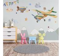XLMING Dibujado A Mano El Arte De Dibujos Animados Aviones Nubes Blancas Estrellas Papel Pintado 3D Seda De Lujo Pared Estudio Comedor Sofa Dormitorio Madera Salon Tv Decorativo-400cm×280cm
