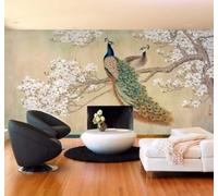 XLMING Dibujado A Mano Pavo Real Árboles Flores Paisaje 3D Papel Pintado Lujo Casa Sala Decoración Estar Comedor Sofá Dormitorio TV Fondo de Pared-430cm×300cm