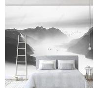 XLMING Dibujado A Mano Tinta China Grafitis Montañas Niebla Pájaros Volando 3D Papel Pintado Tapiz Textura de Seda Oficina Comedor Sofá Dormitorio Sala Estar TV Fondo Pantalla-430cm×300cm