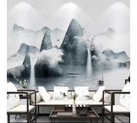 XLMING Dibujado A Mano Tinta China Montaña Niebla Pájaros Barquito 3D Papel Pintado Tapiz Textura de Seda Oficina Comedor Sofá Dormitorio Sala Estar TV Fondo Pantalla-150cm×105cm