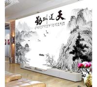 XLMING Dibujado A Mano Tinta China Montañas Altas Río Barquito Arquitectura 3D Papel Pintado Tapiz Textura de Seda Oficina Comedor Sofá Dormitorio Sala Estar TV Fondo Pantalla-300cm×210cm