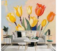 XLMING Dibujado A Mano Tulipanes Amarillos Y Naranjas Hojas Verdes Arte 3D Papel Pintado Tapiz Textura de Seda Oficina Comedor Sofá Dormitorio Sala Estar TV Fondo Pantalla-400cm×280cm