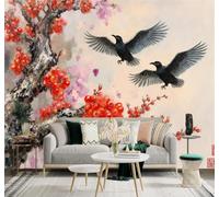 XLMING Dibujo A Mano Alzada Pájaro Negro Flor De Ciruelo Roja Arte Pintura 3D Papel Pintado Tapiz Textura de Seda Oficina Comedor Sofá Dormitorio Sala Estar TV Fondo Pantalla-250cm×170cm
