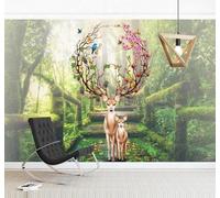 XLMING Dibujo A Mano Bello Bosque Flores Alces Paisaje 3D Papel Pintado Tapiz Textura de Seda Oficina Comedor Sofá Dormitorio Sala Estar TV Fondo Pantalla-150cm×105cm