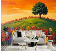 XLMING Dibujo A Mano Campos De Flores De Colores Montañas Verdes Árboles Puesta De Sol 3D Papel Pintado Tapiz Textura de Seda Oficina Comedor Sofá Dormitorio Sala Estar TV Fondo Pantalla-200cm×140cm
