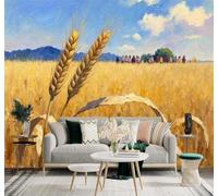 XLMING Dibujo A Mano Campos De Trigo Dorados Cielo Azul Montañas Y Árboles Verdes 3D Papel Pintado Tapiz Textura de Seda Oficina Comedor Sofá Dormitorio Sala Estar TV Fondo Pantalla-350cm×256cm