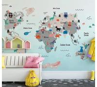 XLMING Dibujo A Mano Minimalista Caricaturesco Animales Mapa Del Mundo Papel Pintado 3D Seda De Lujo Pared Estudio Comedor Sofa Dormitorio Madera Salon Tv Decorativo-350cm×256cm