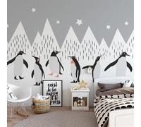 XLMING Dibujos Animados A Mano Montañas Nevadas Animales Pingüinos Y Estrellas Papel Pintado 3D Seda De Lujo Pared Estudio Comedor Sofa Dormitorio Madera Salon Tv Decorativo-300cm×210cm
