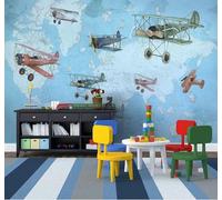 XLMING Dibujos Animados Abstracto Mapa Del Mundo Retro Aviones 3D Papel Pintado Lujo Casa Sala Decoración Estar Comedor Sofá Dormitorio TV Fondo de Pared-300cm×210cm